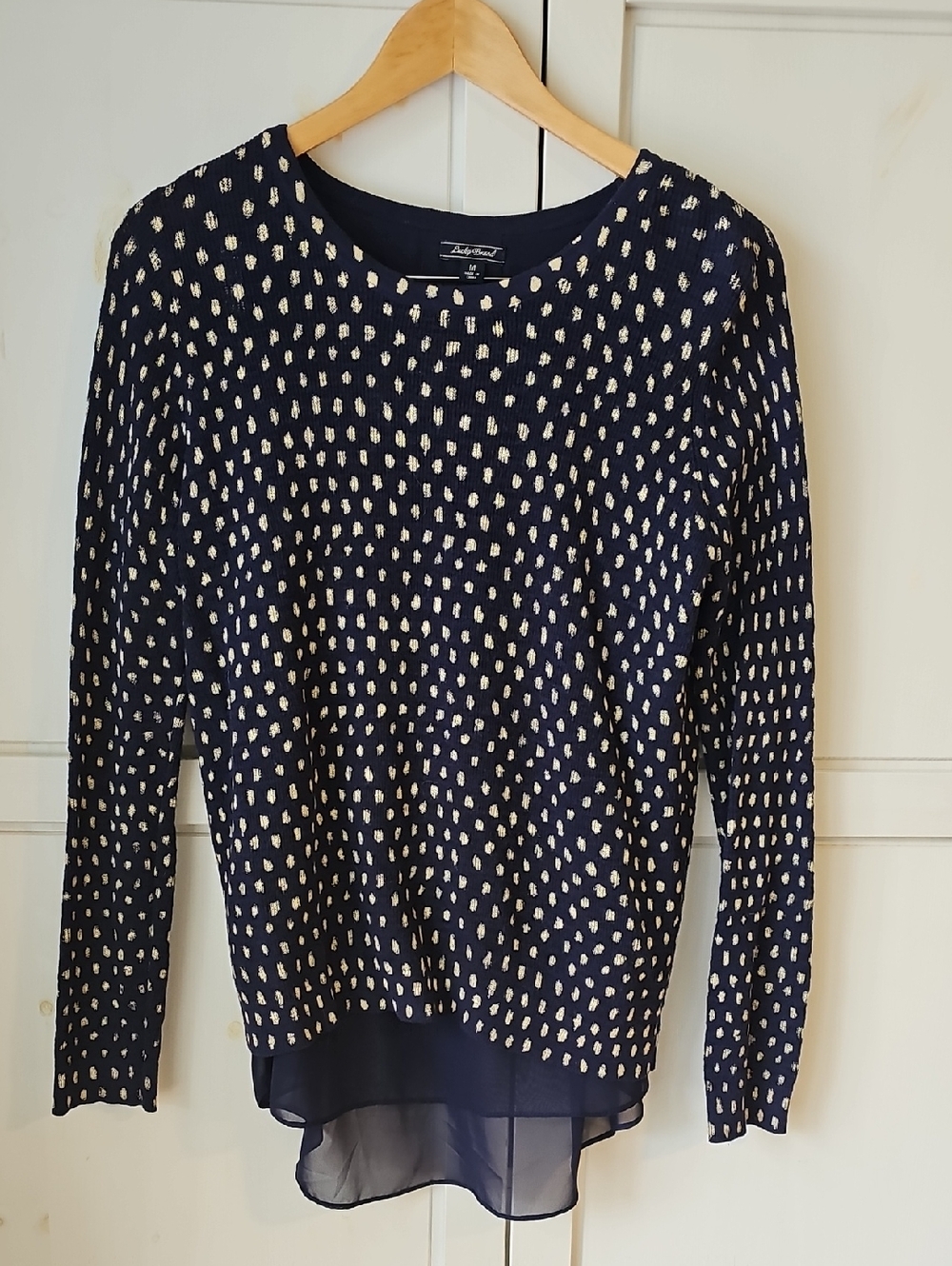 Lucky Brand Women’s Navy and Cream Polka Dot Sweater with Sheer Lining